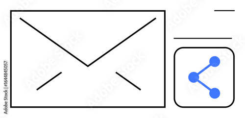 Envelope and connected share icon suggest messaging, emailing, or sharing links. Ideal for networking, teamwork, collaboration, connectivity, social media, communication simple landing page