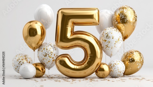 Wallpaper Mural A large gold balloon number five surrounded by smaller gold and white balloons and confetti on a white background Torontodigital.ca