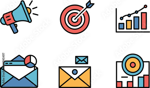 Collection of marketing and business strategy icons with charts and targets