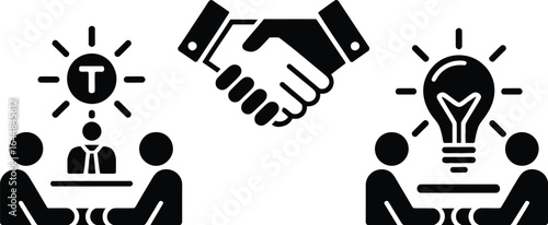 Business people collaborating and shaking hands with a lightbulb and sun icon