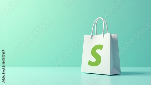 Shopify Developer. White shopping bag with green S logo on turquoise b
