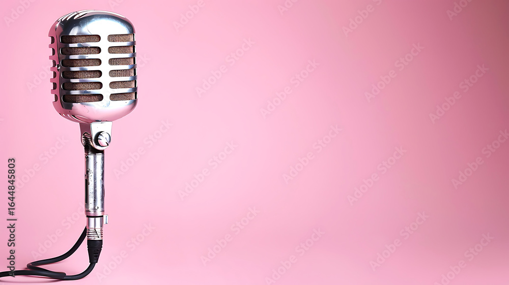 Fototapeta premium Vintage silver microphone on a soft pink background, perfect for music and podcast promotions.