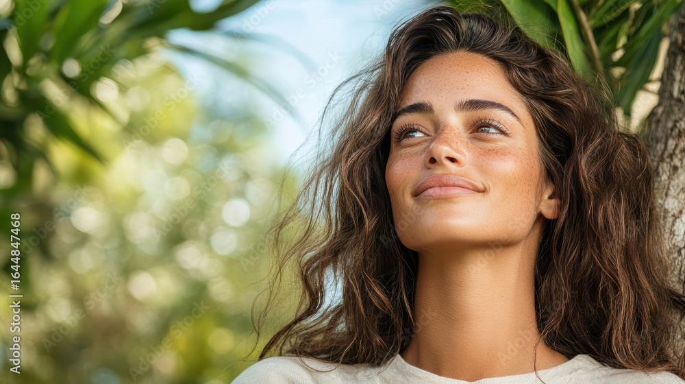 Naklejka premium Natural beauty, serene expression, woman outdoors, smiling softly, lush greenery