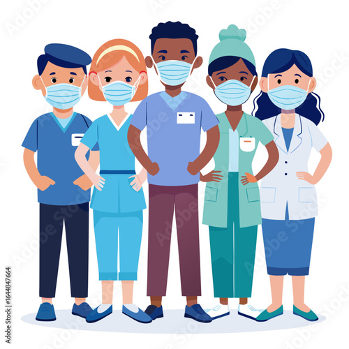 Diverse Group of Nurses in Medical Uniforms Wearing Masks, Healthcare Team Vector