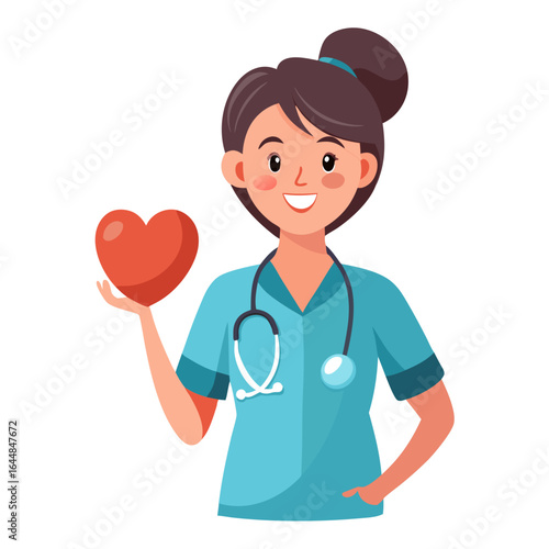 Confident Female Nurse Holding Heart Symbol, Medical Care Vector