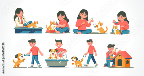 Caring for pet cats and dogs, flat cartoon. Suitable for animal lovers