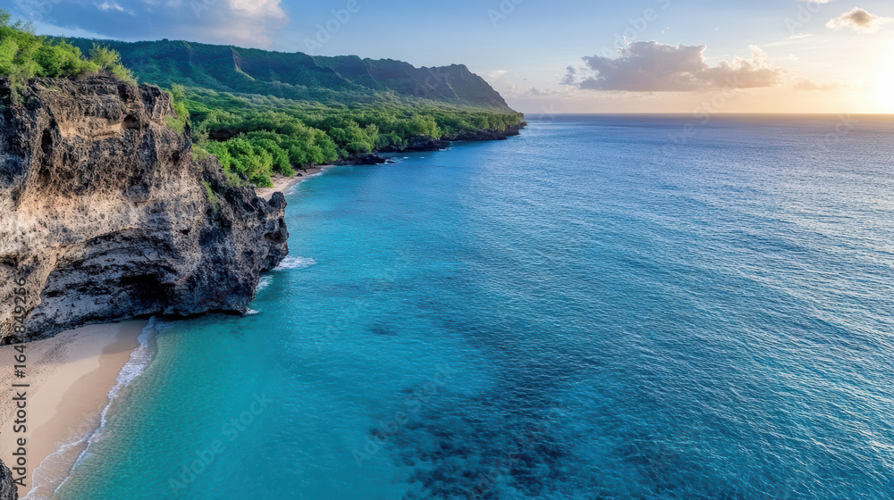 Fototapeta premium Stunning aerial view of island cliffs with sunlit ocean waves and sandy beach
