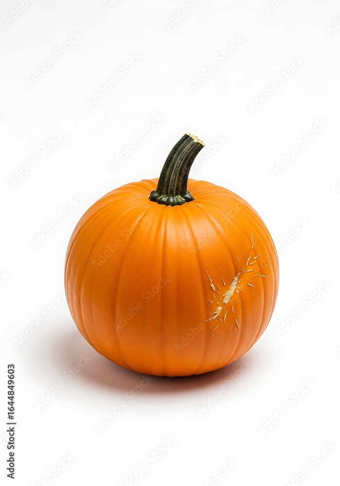 Single Orange Pumpkin with Stem on White Background, Small Imperfection Single Orange Pumpkin with Stem on White Background, Small Imperfection