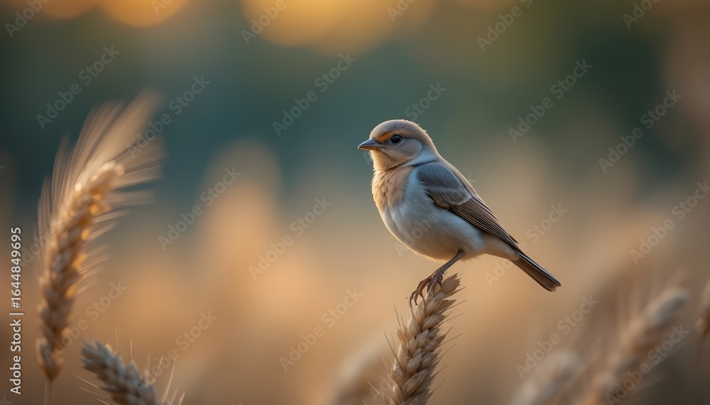 A small bird perched atop a wheat stalk in a field during the golden hour sunset light outdoors A small bird perched atop a wheat stalk in a field during the golden hour sunset light outdoors