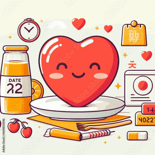 Cartoon heart on plate next to juice fork and pills on a light background