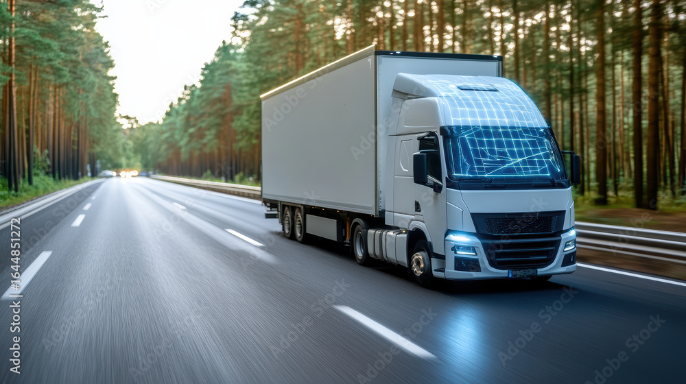 Fototapeta premium Autonomous delivery truck driving on highway surrounded by trees, showcasing modern technology