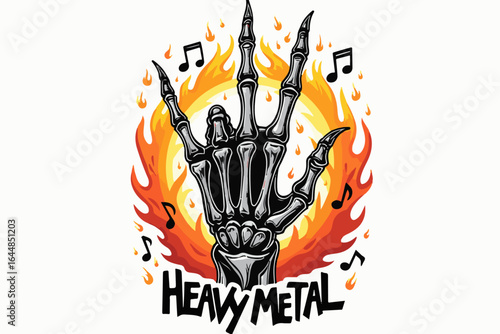 Heavy Metal Skeleton Hand – Flaming Rock Sign Music Art" vector color graphics
