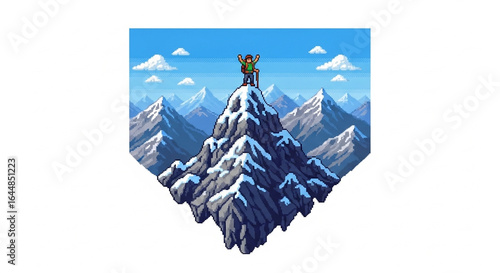 Pixel art climber on mountain peak