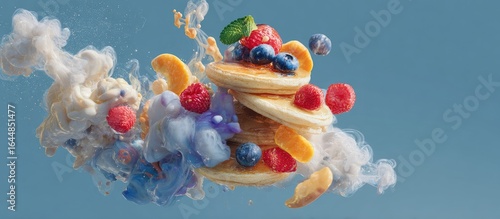 A stack of pancakes adorned with raspberries, blueberries, and mandarin orange segments, suspended in mid-air amidst swirling pastel-colored smoke