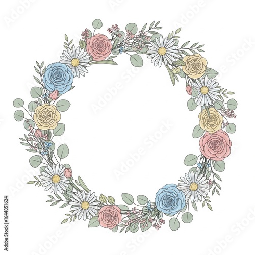 A floral wreath featuring roses, daisies, and greenery, illustrated in soft colors, suitable for decorative purposes.