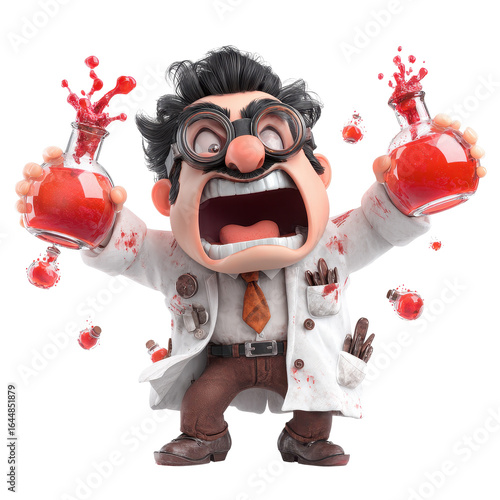 Mad scientist with exploding vials and red liquid splashes laboratory accident
