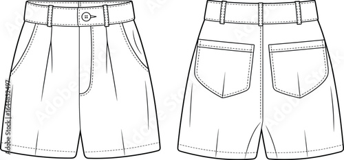 High waist women shorts front and back view, fashion flat sketch, casual summer apparel design, detailed sewing pattern illustration, vector drawing