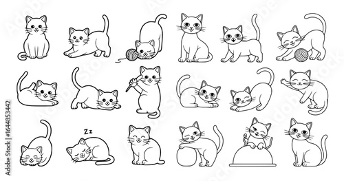 Vector set of cute cat icons in outline style, featuring playful kittens in various poses such as sitting, sleeping, playing with yarn, and stretching.