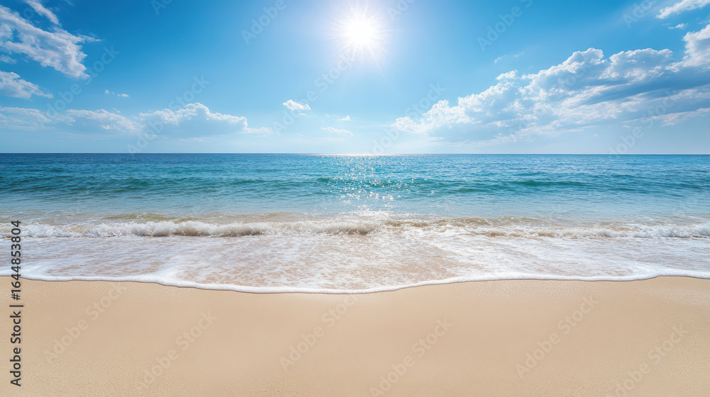Bright ocean waves gently lap against sandy beach clear blue sky. sun shines brightly Bright ocean waves gently lap against sandy beach clear blue sky. sun shines brightly
