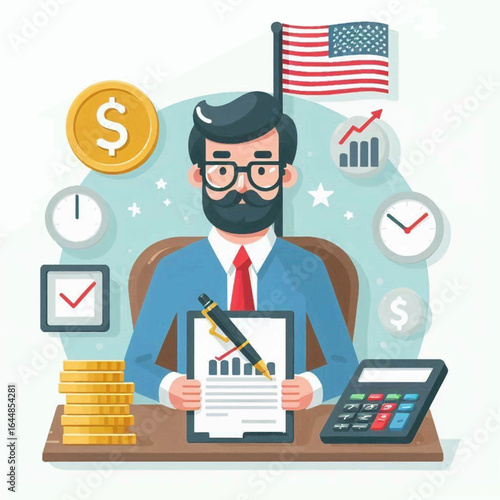 Cartoon of an office worker sitting at a desk with various businessthemed icons around him