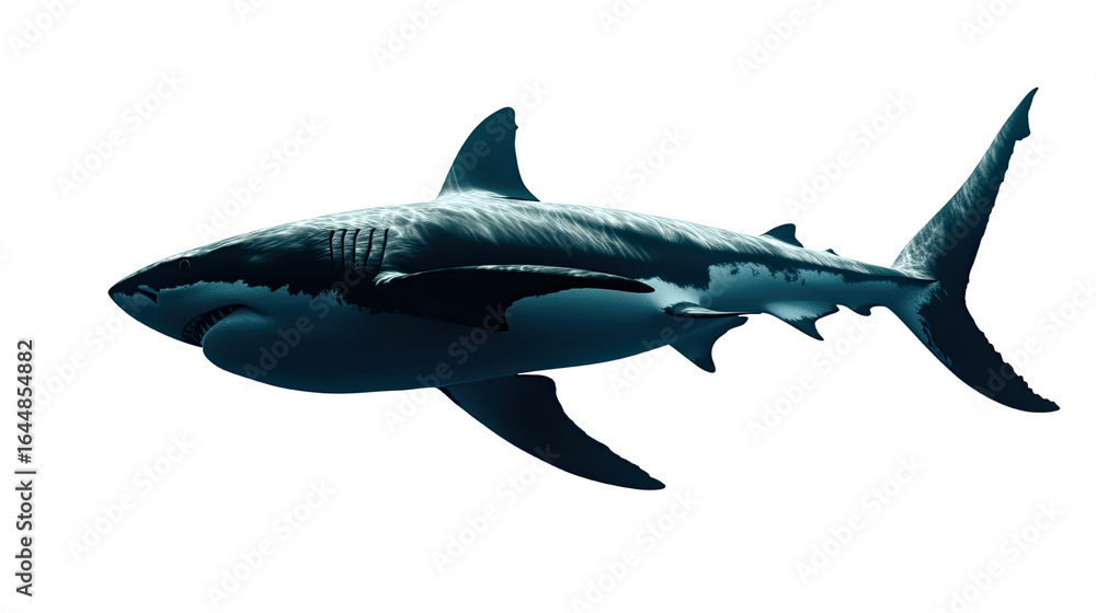 Naklejka premium Shark silhouette in bold minimal design for marine wildlife illustration and ocean predator graphic art isolated on white background