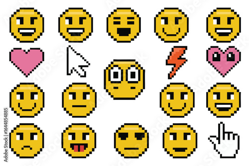 Collection of Pixel Emoticons: Happy, Sad, Love, and Hand Gestures. Digital Emojis for Web Design and Social Media.