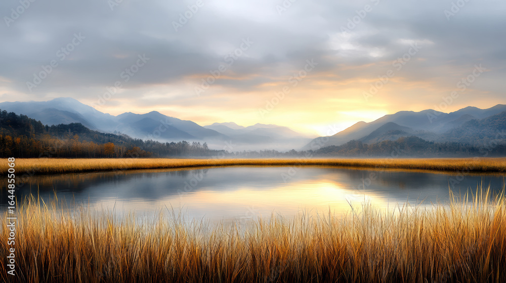 Fototapeta premium Golden grass reflects in tranquil lake at sunrise, surrounded by misty mountains