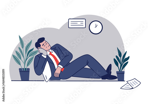 A businessman dozes on a chair in an office, enjoying a power nap. Soft colors and a relaxed atmosphere convey a moment of respite. Suitable for business and wellness themes.
