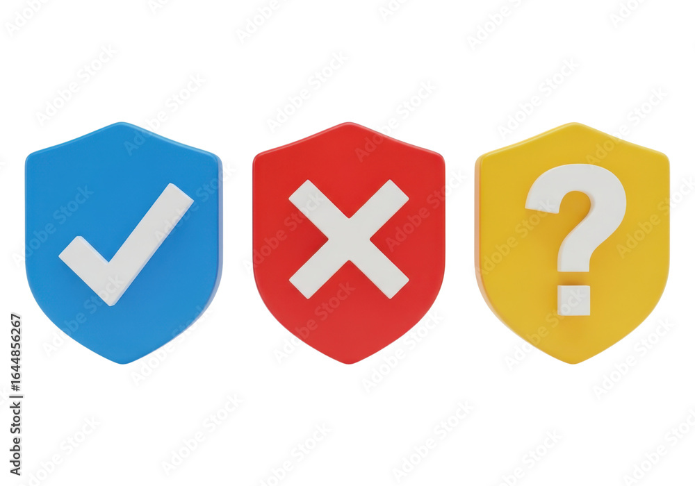 Three shield icons with check, cross, and question mark isolated on transparent background Three shield icons with check, cross, and question mark isolated on transparent background