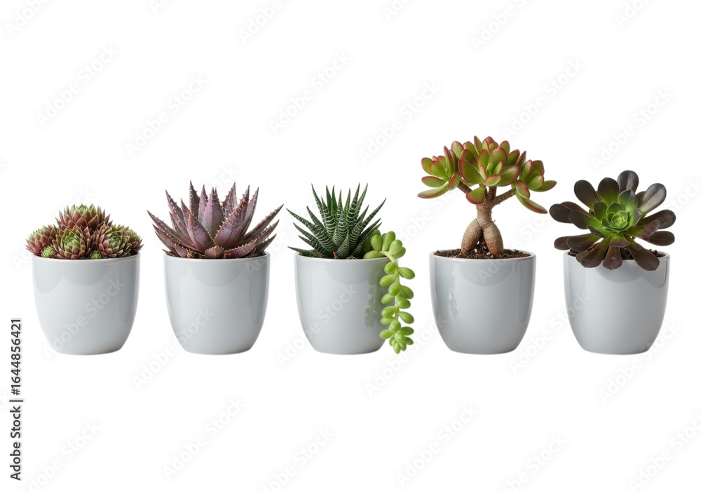 Obraz premium Collection of five potted succulent plants isolated on transparent background