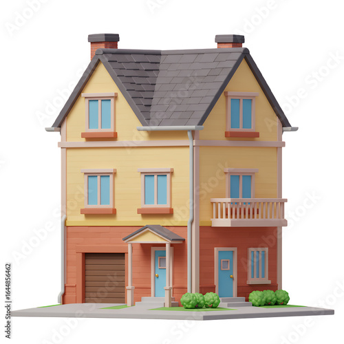 Two Story Yellow House 3D Model, Cartoon Style