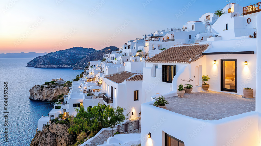 Fototapeta premium Stunning coastal village rooftops glow near serene sea at sunset, creating tranquil atmosphere