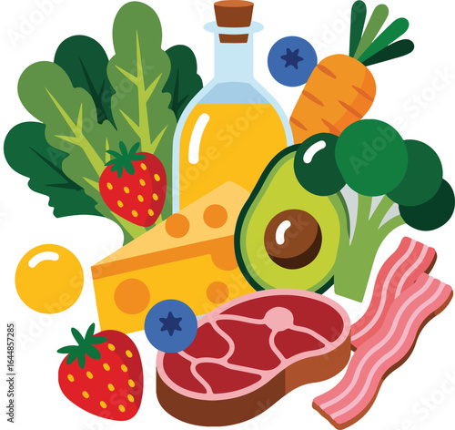 Healthy Keto Diet Foods Illustration, Fresh Vegetables, Meat, Cheese, and Oil