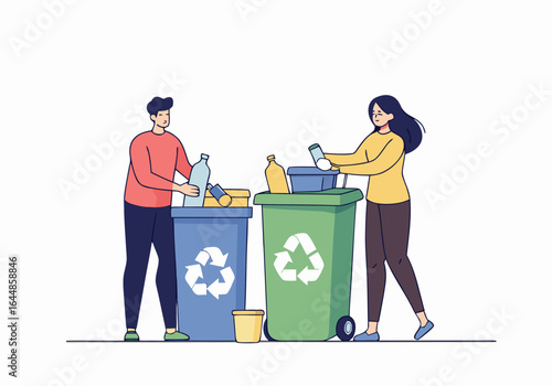 A couple sorts recyclables into a green bin. They are casually dressed and smiling, demonstrating eco-friendly habits. Clean, bright, and modern.
