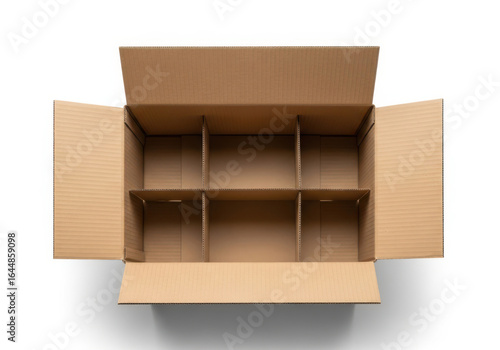 Empty open cardboard box with internal dividers ready for packaging and shipping