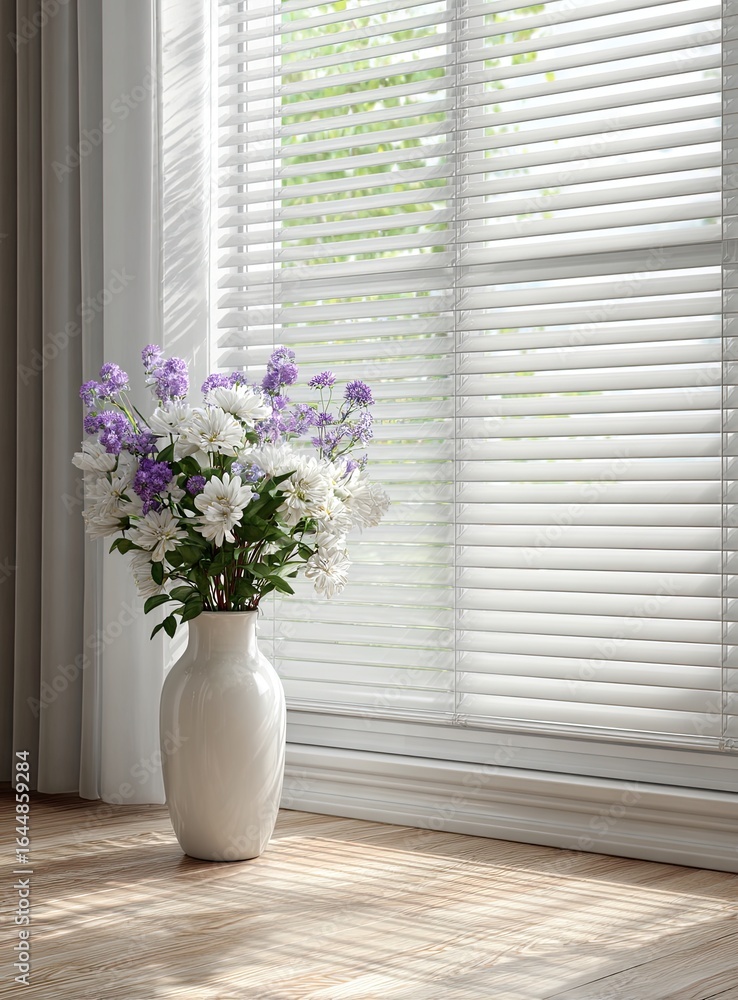 Fototapeta premium White vase of purple and white flowers sits on a light wood floor, beside a window with white blinds, sunlight streaming in