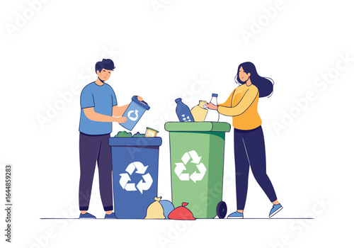 A couple sorts recyclables into a green bin. They are casually dressed and smiling, demonstrating eco-friendly habits. Clean, bright, and modern.
