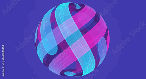 Abstract spherical graphic, ribbons weaving in vibrant shades of purple and blue