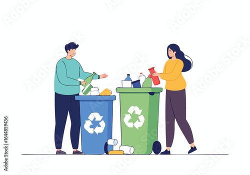 A couple sorts recyclables into a green bin. They are casually dressed and smiling, demonstrating eco-friendly habits. Clean, bright, and modern.
