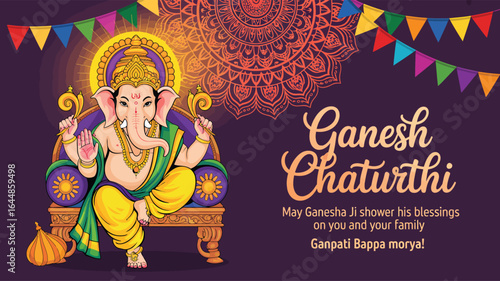 lord ganesha seated on throne with mandala background, festive flags, and blessings message, ganesh chaturthi greeting card illustration design
