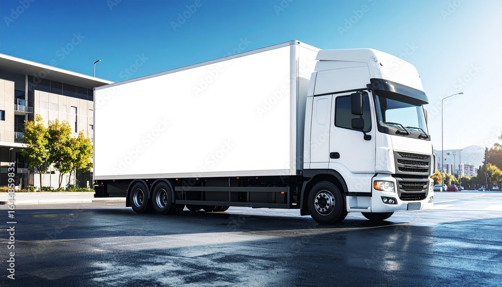 Large white truck with blank side billboard for advertising and branding design presentation parked in industrial area Large white truck with blank side billboard for advertising and branding design presentation parked in industrial area