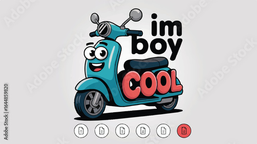 Cartoon turquoise scooter with ' COL' text and 'im boy' lettering on a light gray background