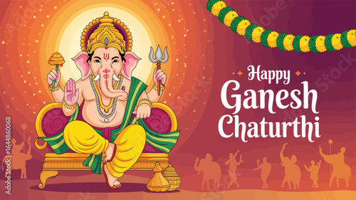 lord ganesha seated on throne with lotus, axe, and sweets, happy ganesh chaturthi greeting card with festive decor and orange yellow background