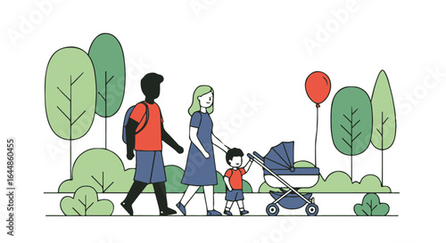 Happy Mixed-Ethnicity Family Walking in Park, Stroller and Balloon
