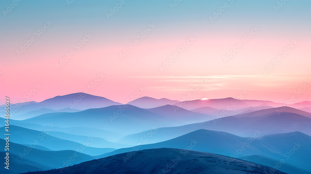 Fototapeta premium Beautiful mountain range landscape with pink sunset or sunrise and blue gradient.