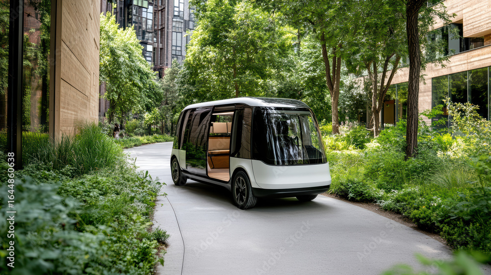 Fototapeta premium Modern electric shuttle van navigates through lush campus greenery, showcasing sustainable