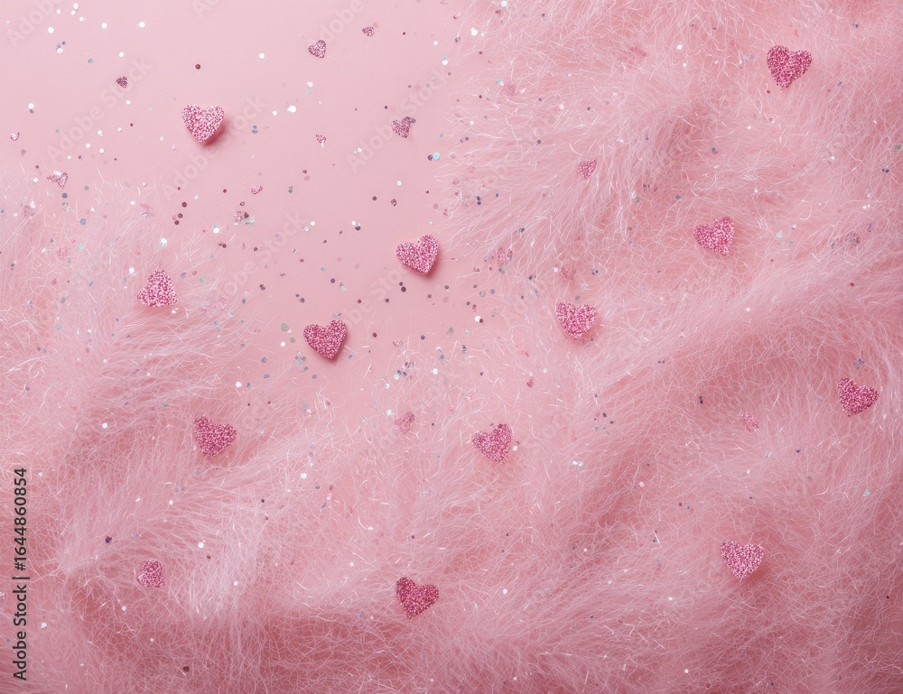 Fototapeta premium Pink fluffy texture, scattered hearts and glitter