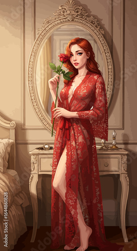 Elegant boudoir scene of a red-haired woman in a sheer red lace robe holding a rose in front of a mirror.