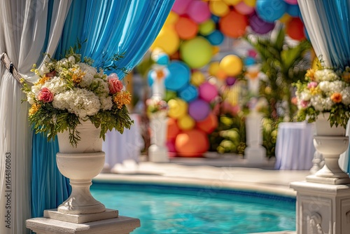 Bright floral arrangements flank a poolside entrance draped in teal, leading to a vibrant balloon backdrop.  White columns and tables blur in the background