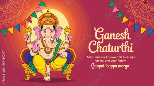 lord ganesha seated on throne with festive flags and blessings message, ganesh chaturthi greeting card design for hindu religious celebration